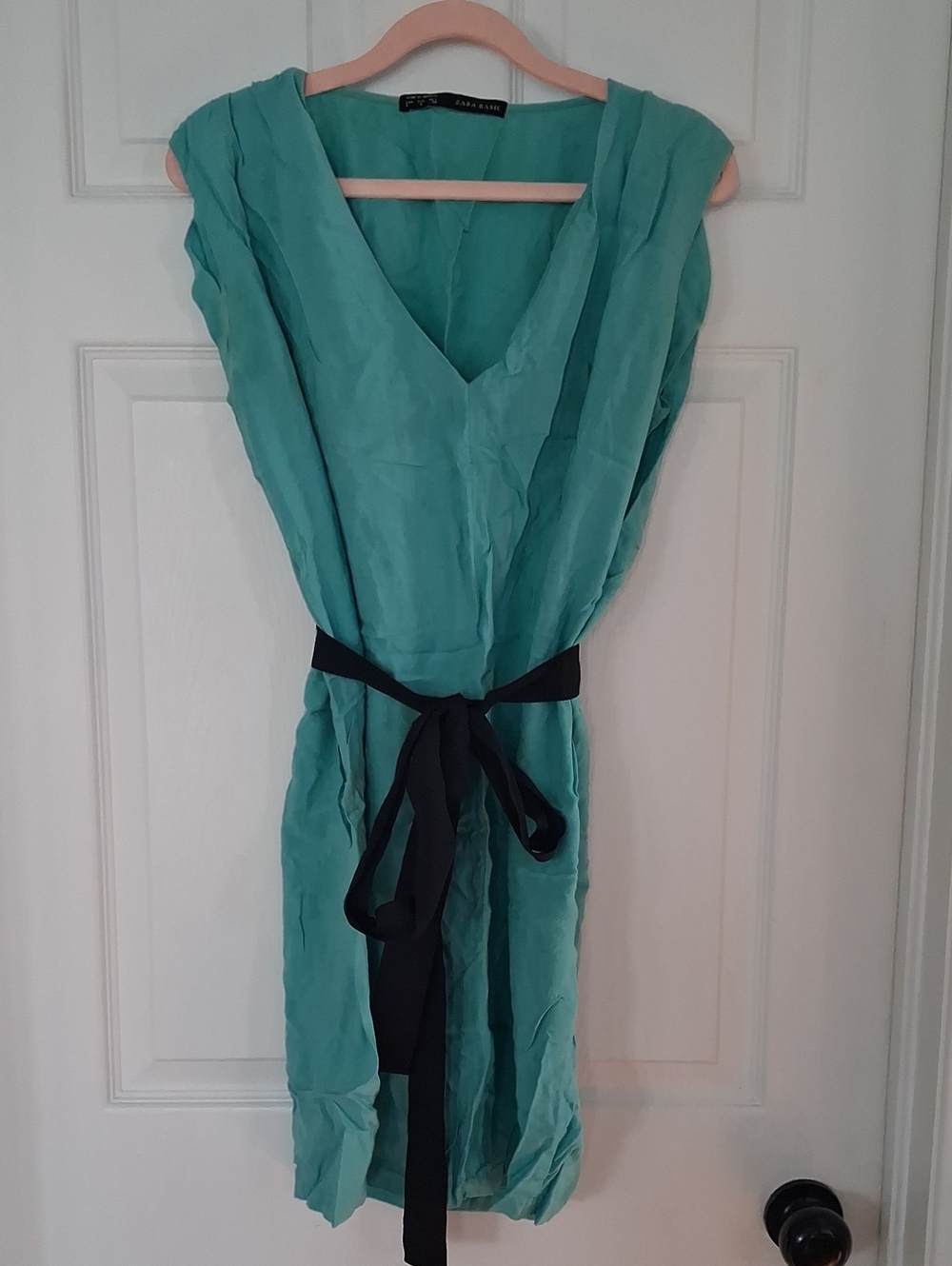 Zara Teal V-Neck Sleeveless Dress with Black Waist Tie